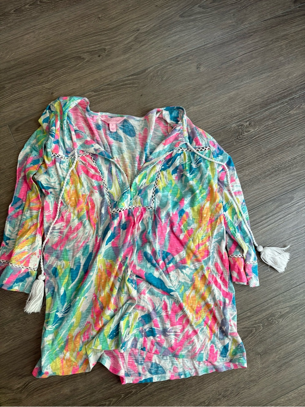 Lilly Pulitzer Multicolor V-Neck Tassel Tunic in Pink, Teal, Yellow